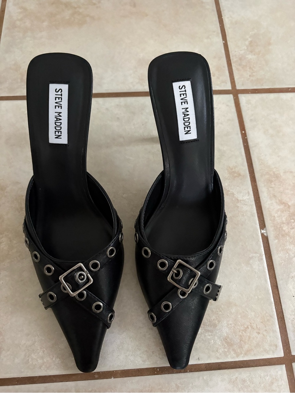 Steve Madden Black Pointed Mule Slides with Buckle and Grommet Straps